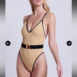 PatBO Metallic Jacquard Textured One-Piece Swimsuit with Black Trim & Belt M